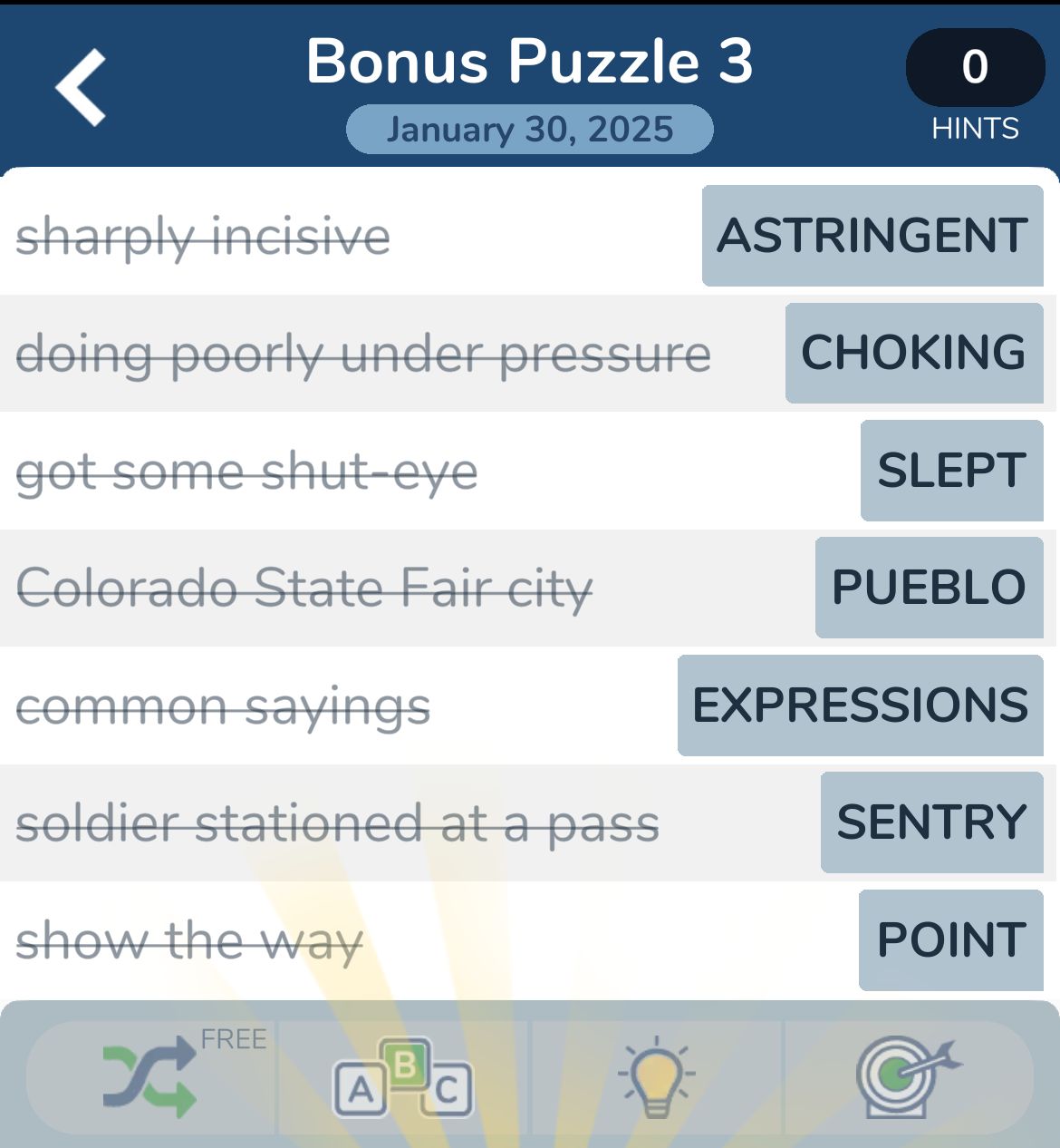 Crossword puzzle answers: astringent, choking, slept, Pueblo.