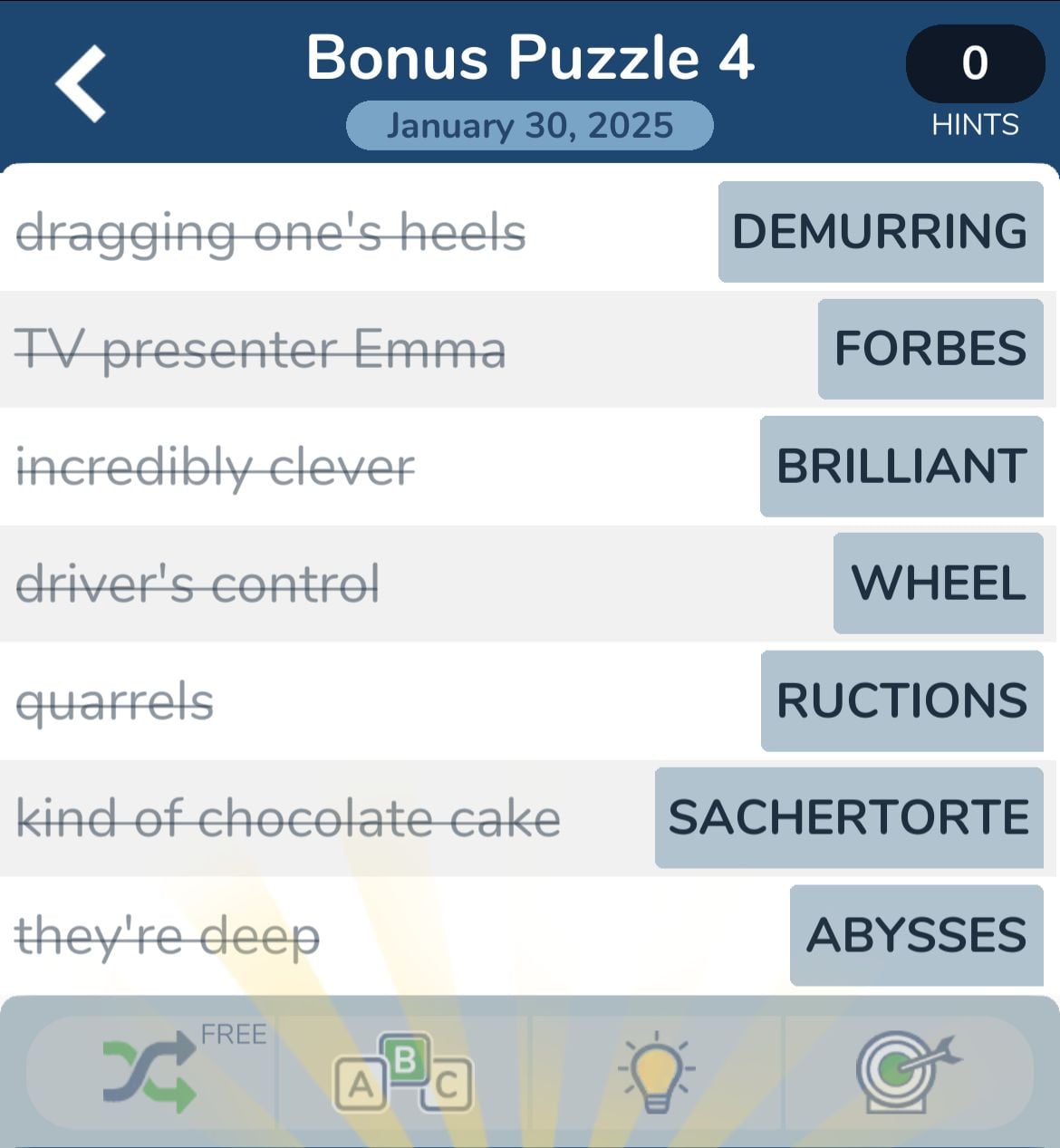 Word puzzle game with clues and answers.