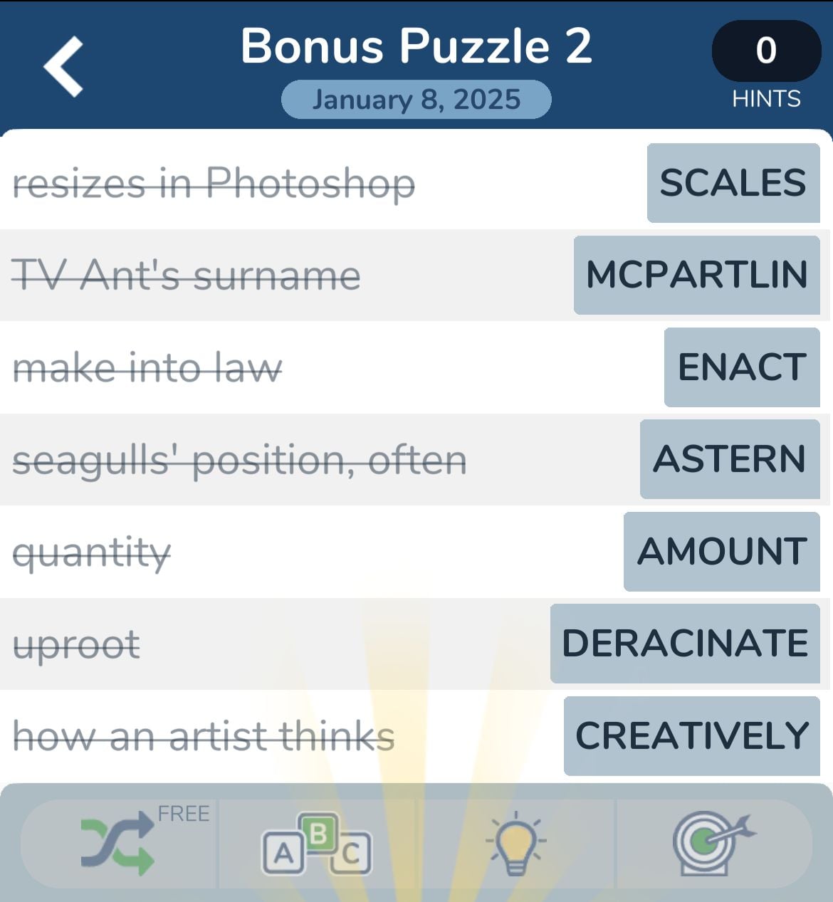 Crossword puzzle answers for January 8, 2025.