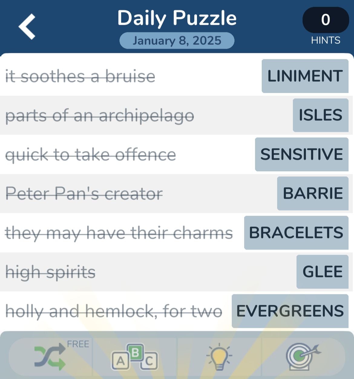 Crossword puzzle solutions for January 8, 2025.