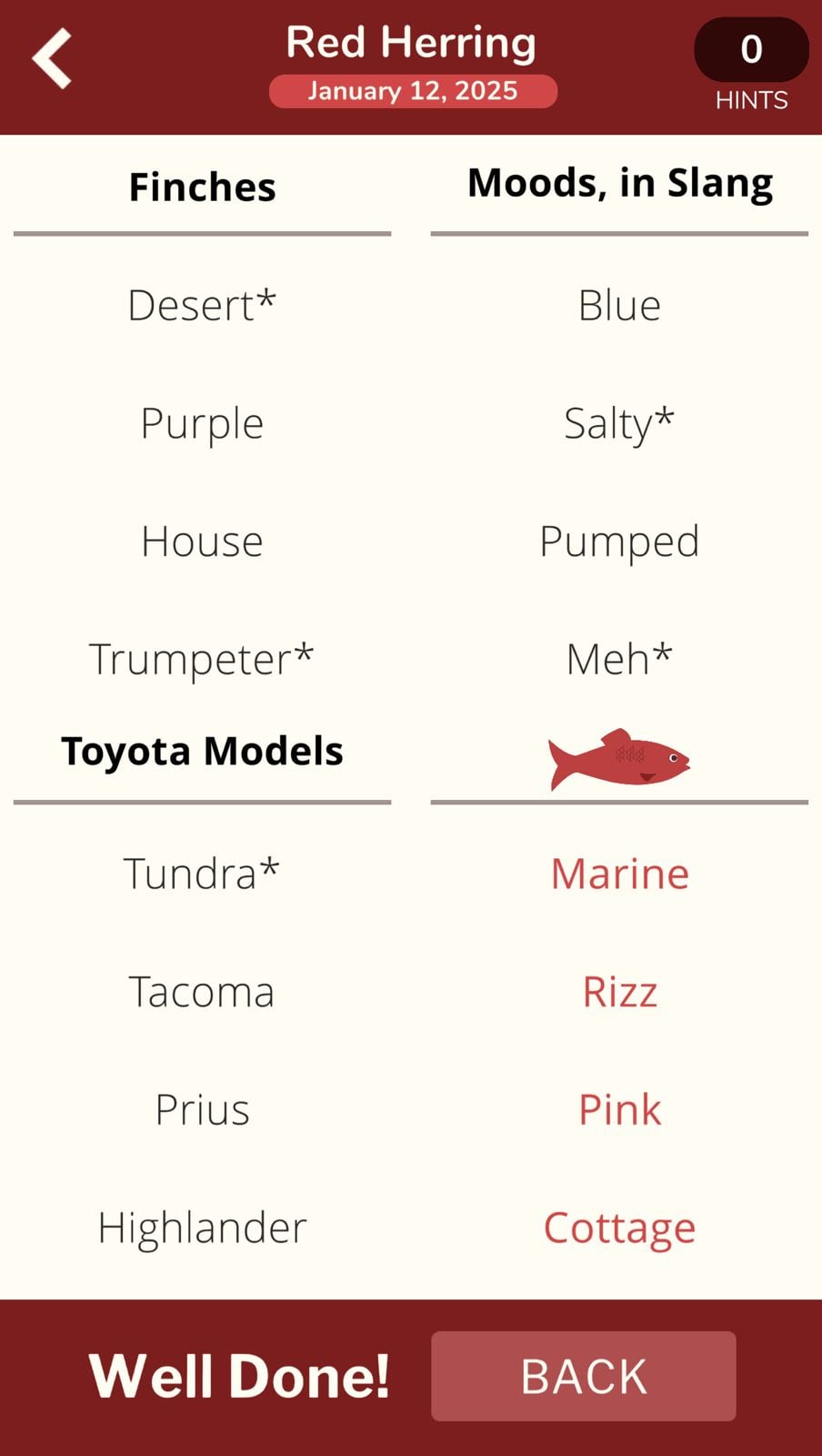 Red Herring game categories and solutions interface.