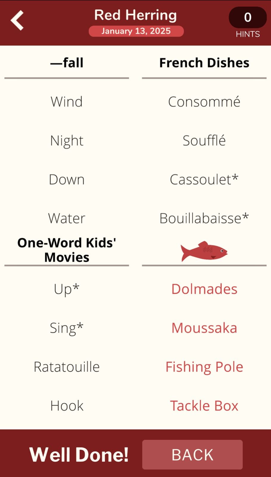 7 Little Words Red Herring January 13 2025 Red Herring word game sections and completion screen.