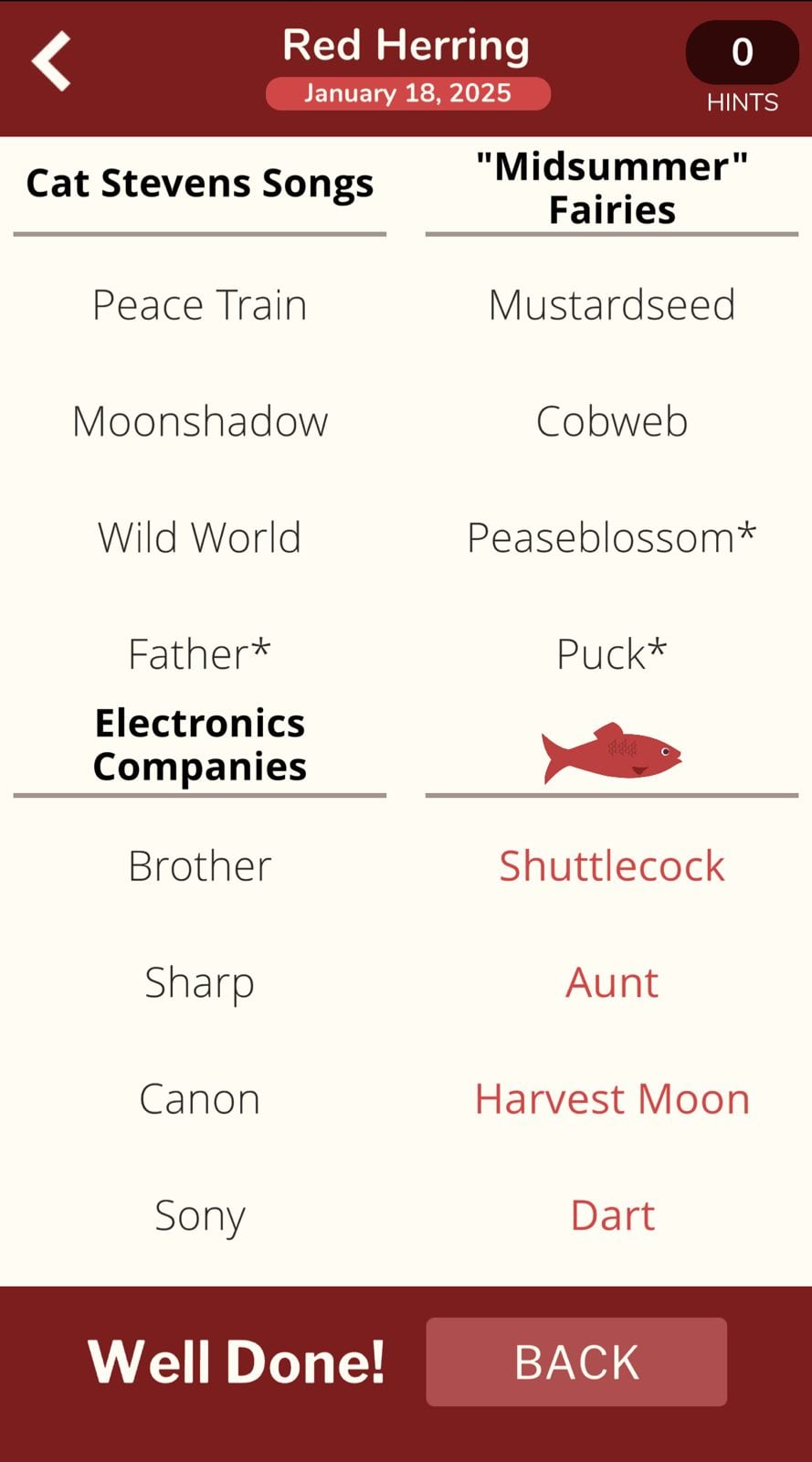 Red Herring game categories and solutions displayed.