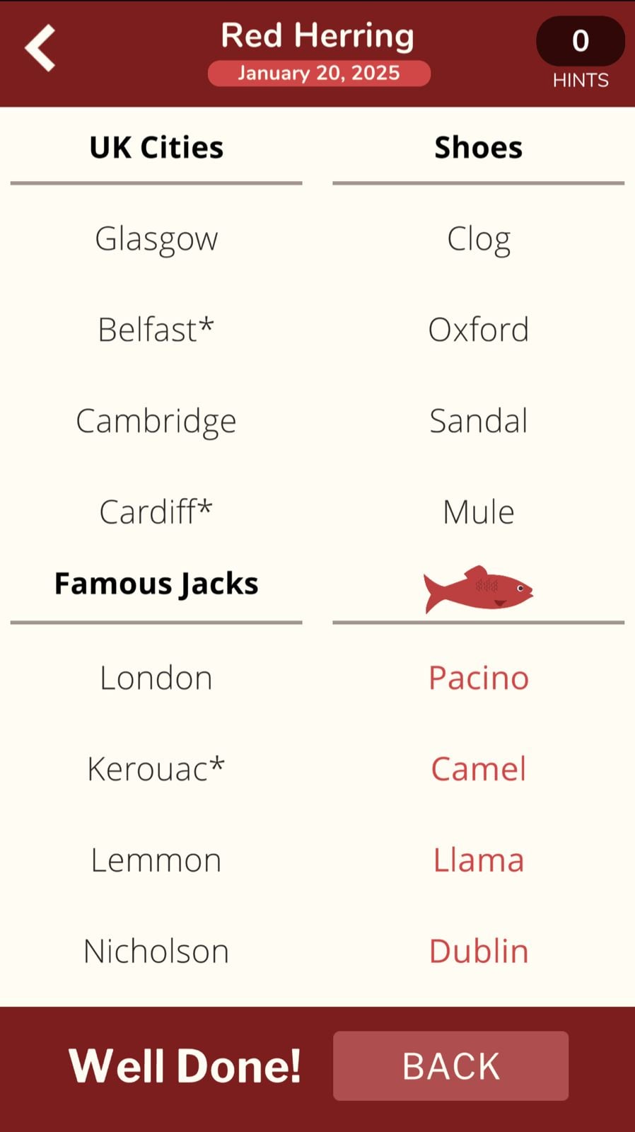 Red Herring game categories UK cities, shoes, Jacks.