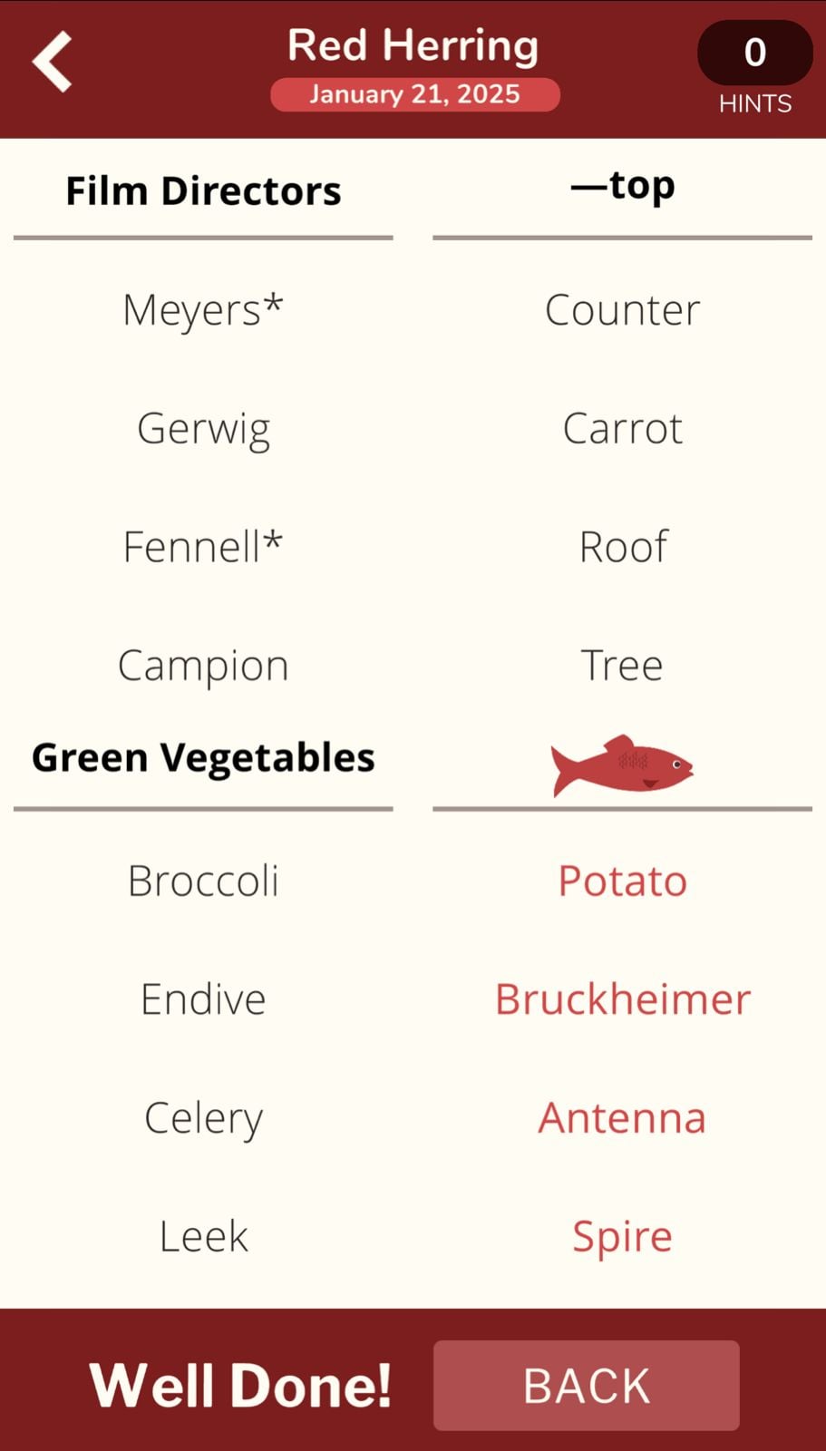 Red Herring game categories and items completed.