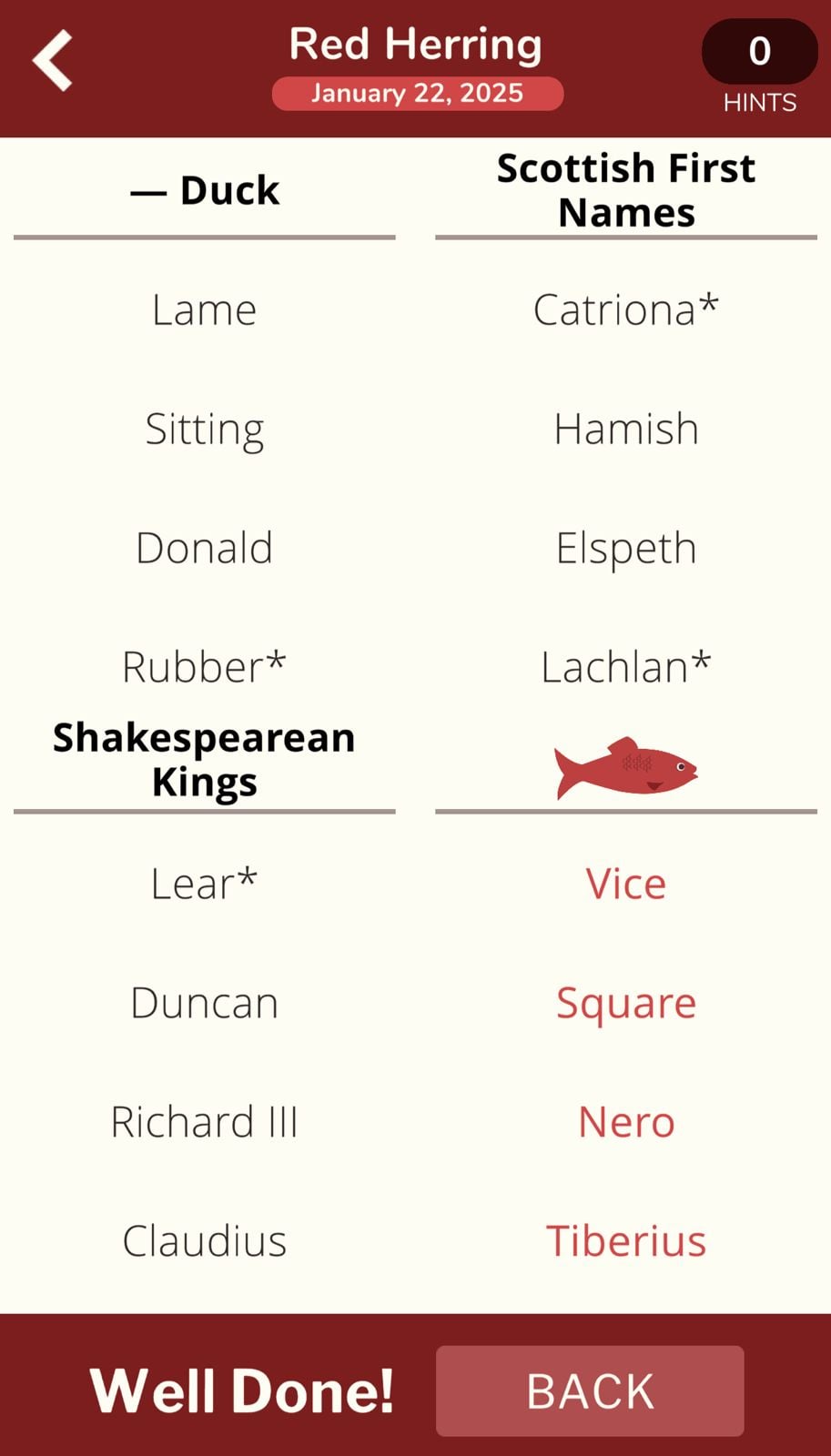 Red Herring puzzle categories and names list.