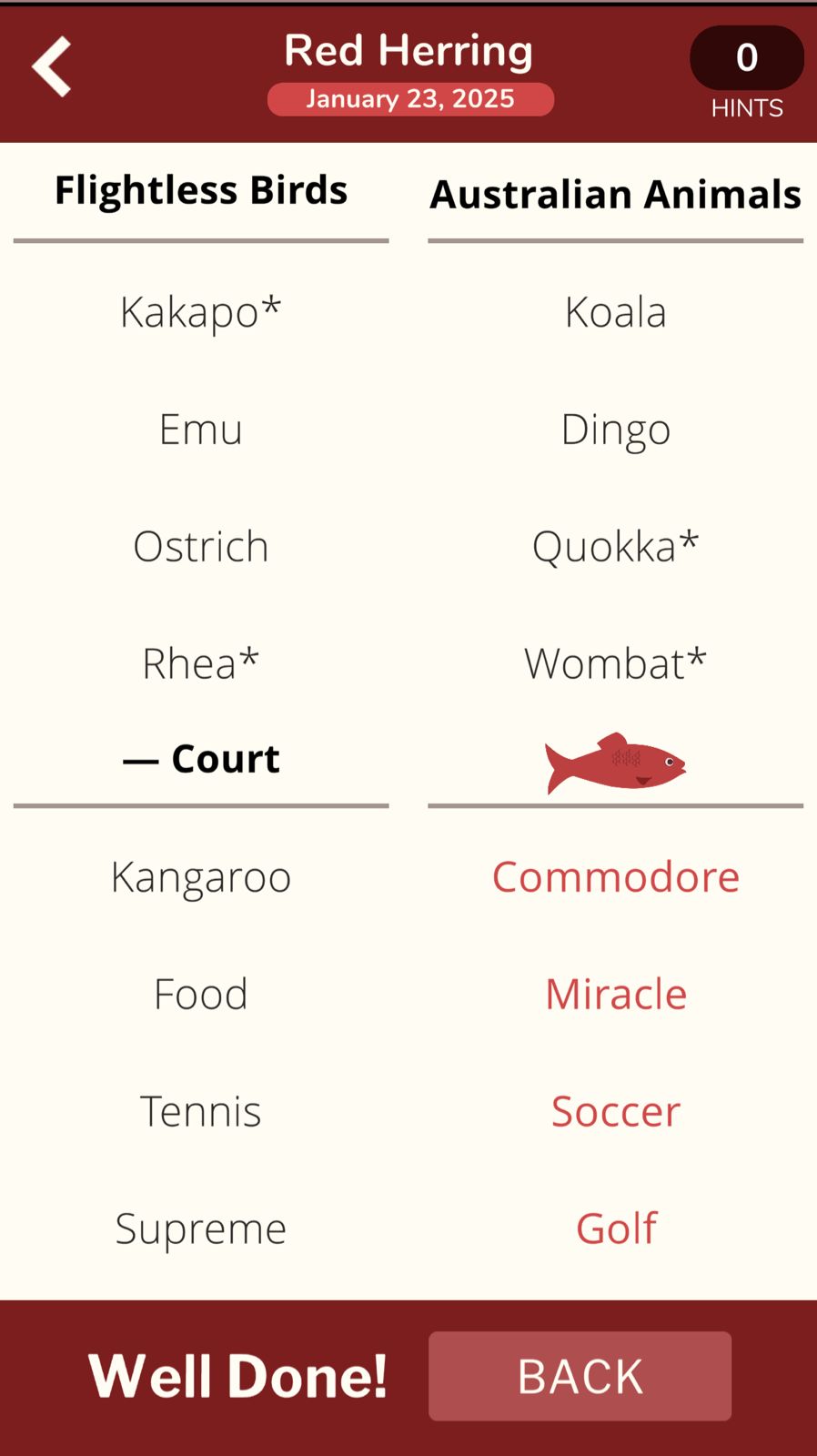 Red Herring puzzle categories and items shown