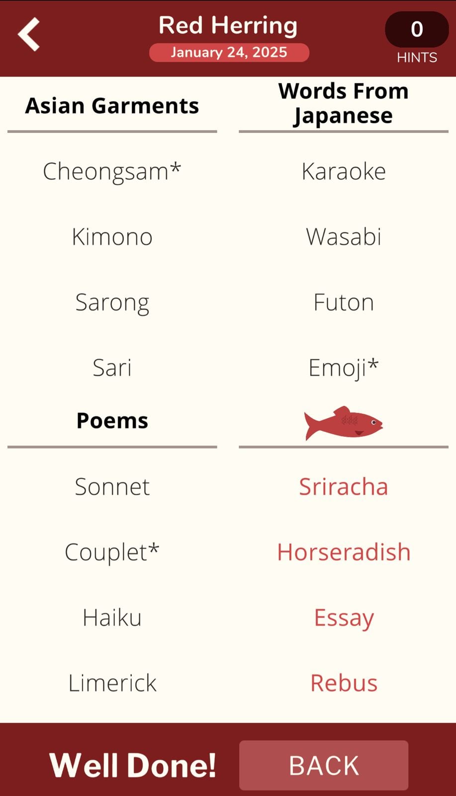 Red Herring game with word categories completed screen.