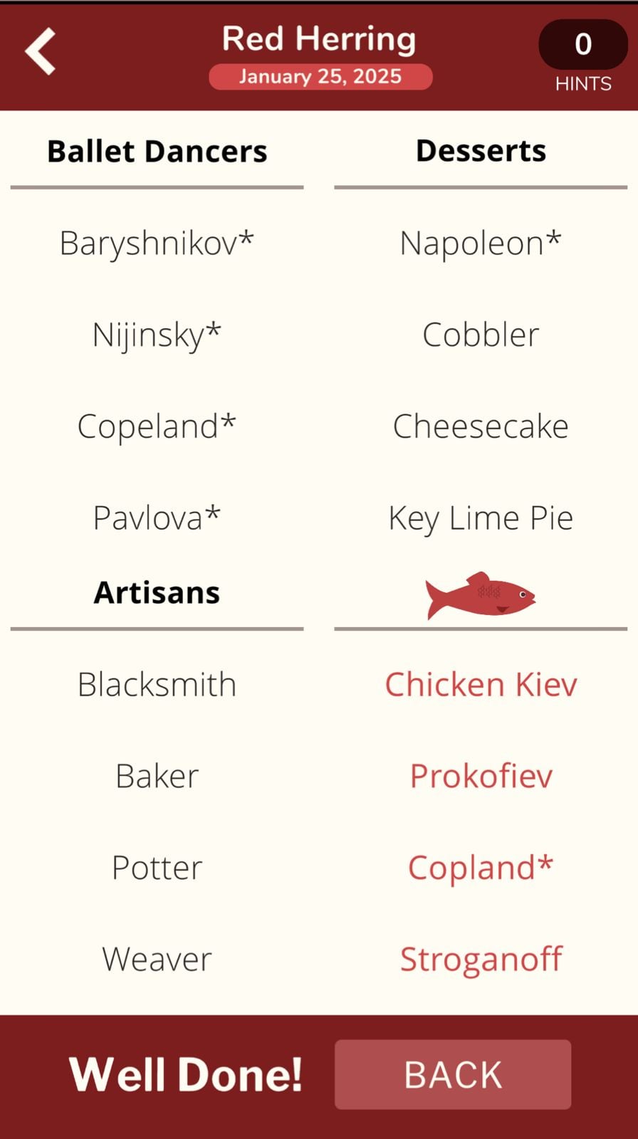 Red Herring puzzle categories: ballet, desserts, artisans.