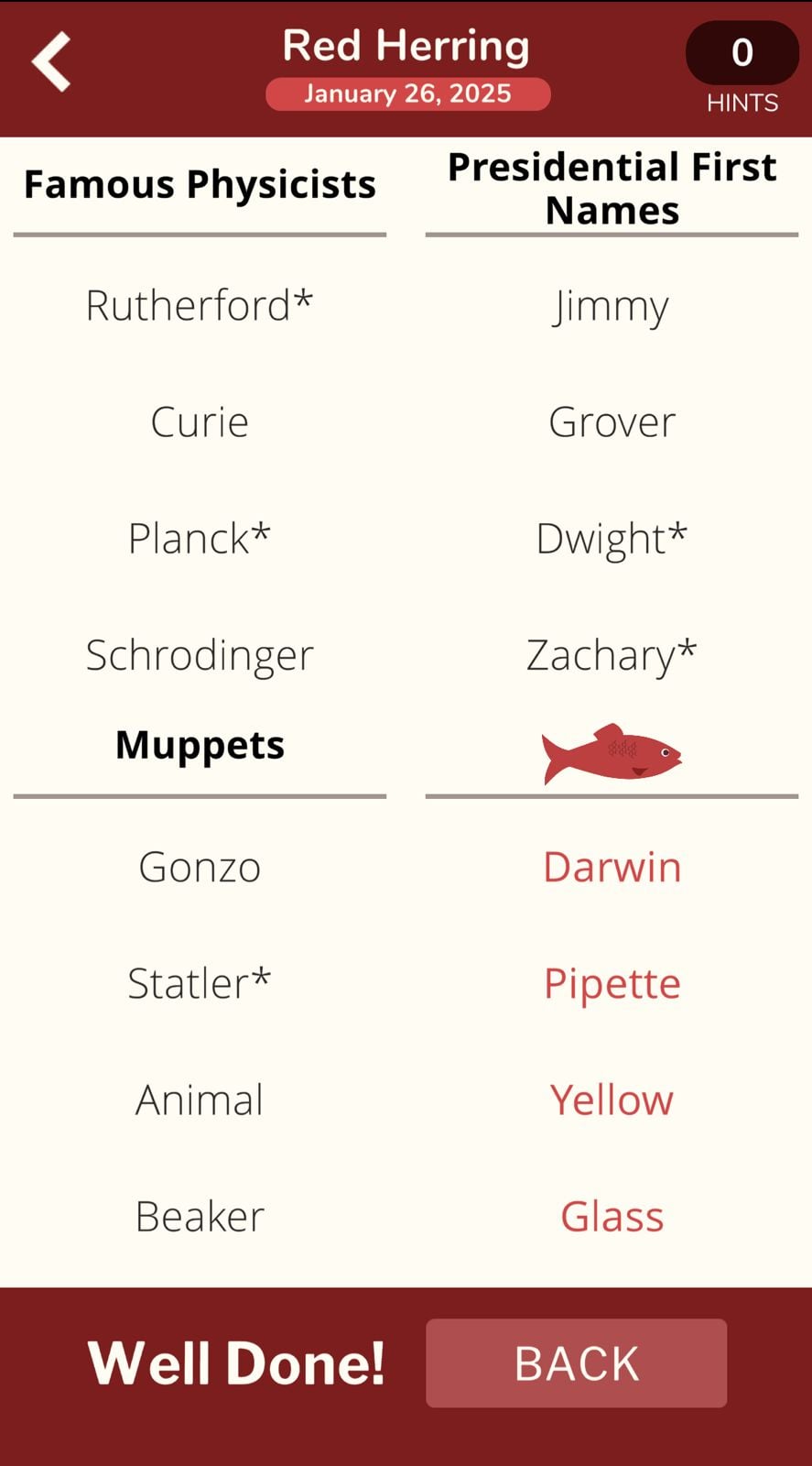 Red Herring game categories solved successfully