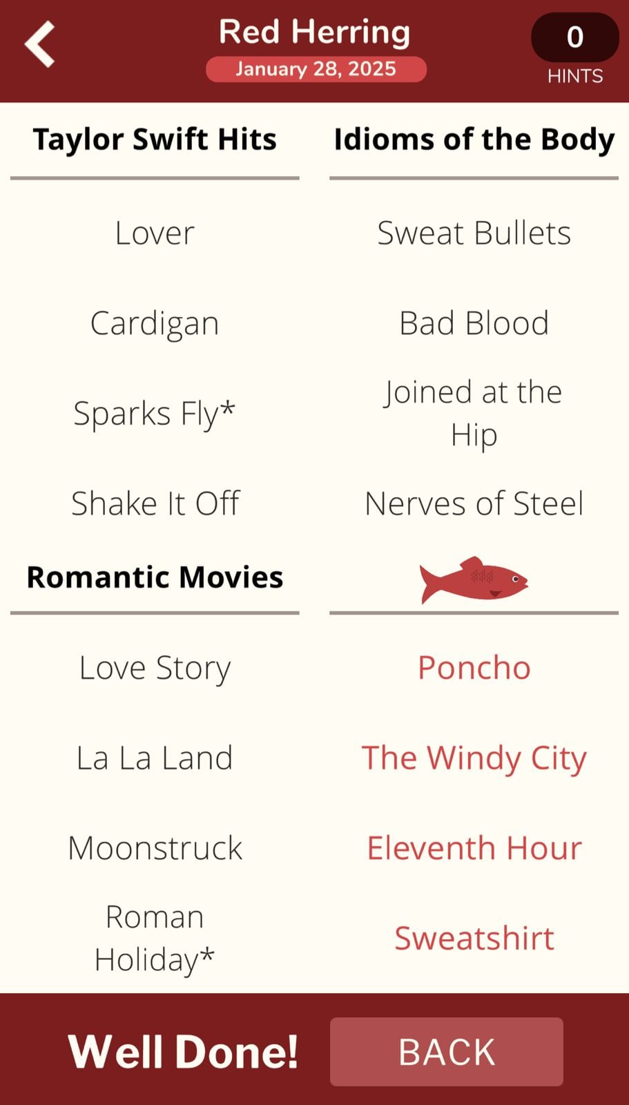 Red Herring game categories and winning message screen.