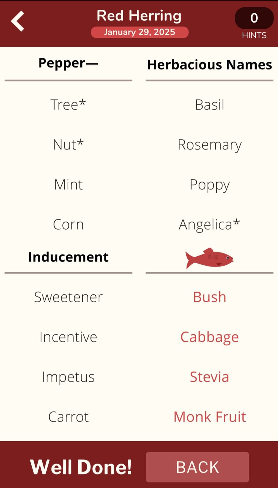 Red Herring game menu with categorized words.