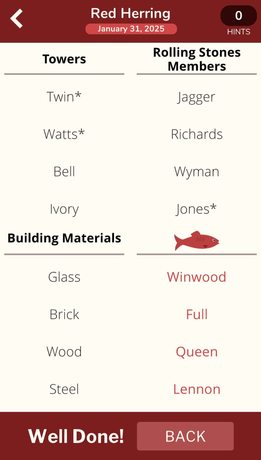 Red Herring puzzle game solved, January 31, 2025.