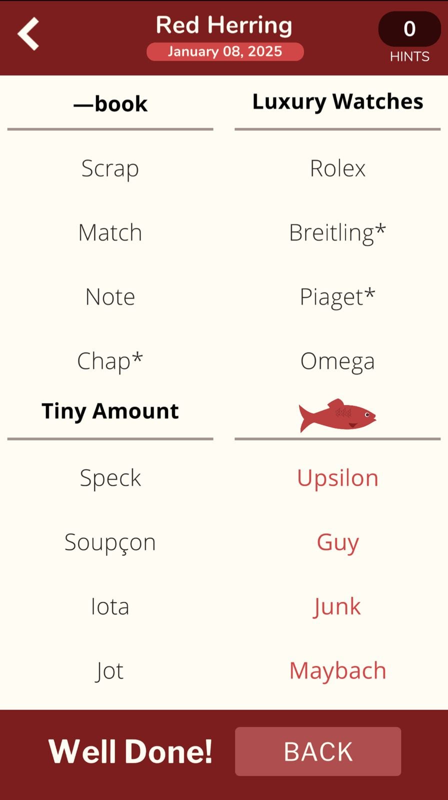 Red Herring puzzle solved with word categories.