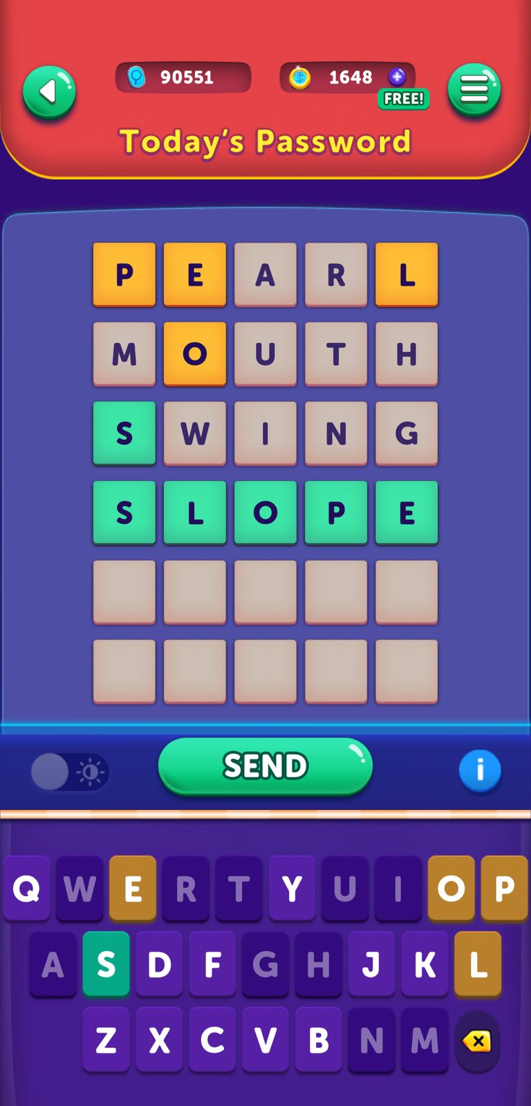 Colorful word puzzle game interface with keyboard
