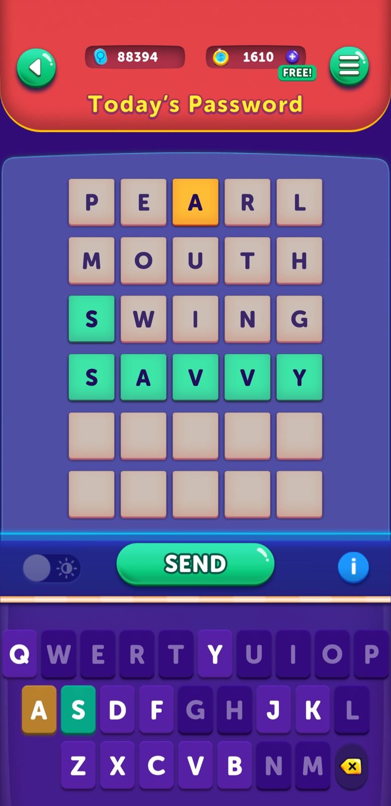 Word game with colorful letters and keyboard