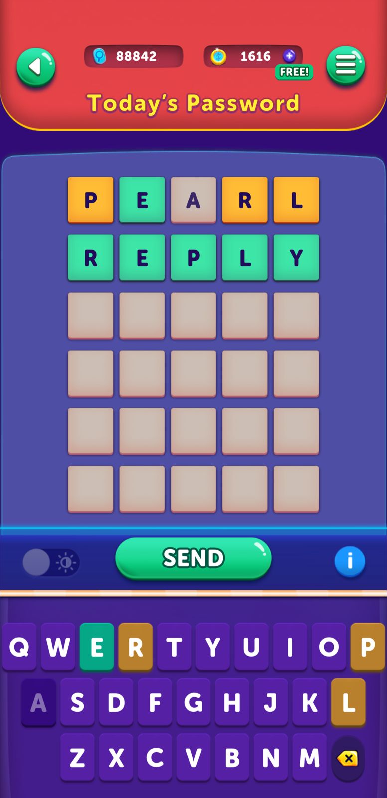 Word puzzle game screen with keyboard.