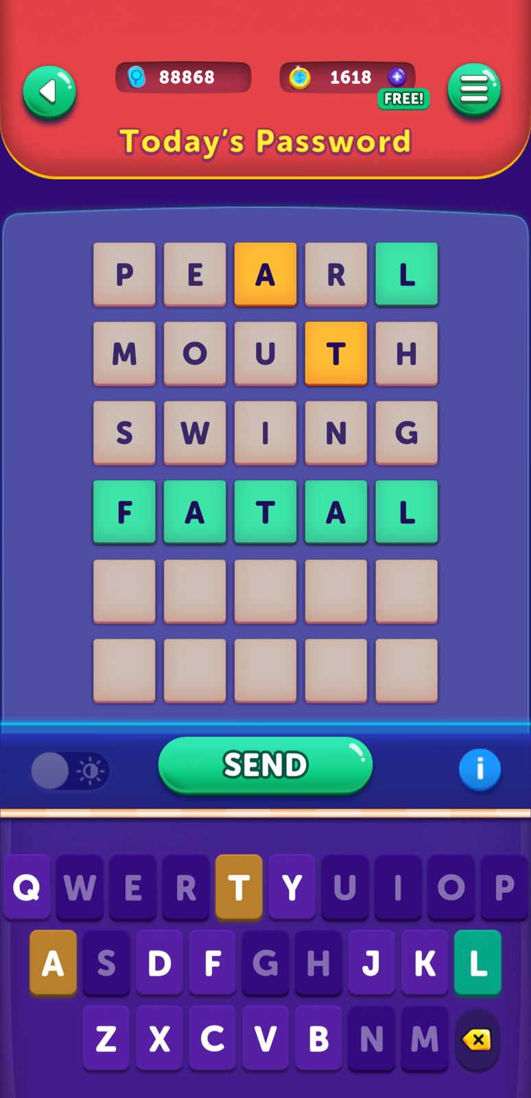 Word puzzle game with colored tile words.