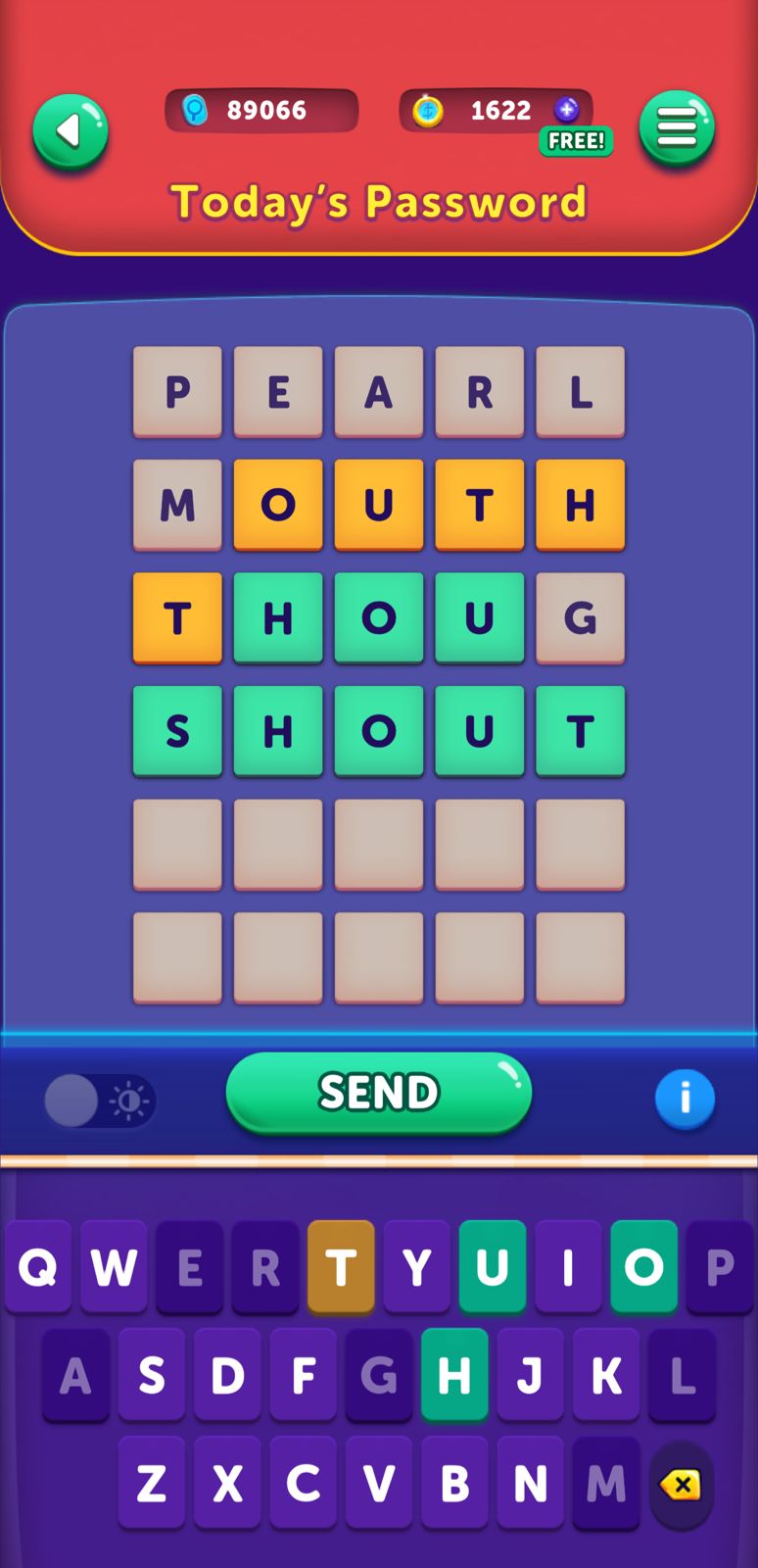 Word puzzle game interface with keyboard.
