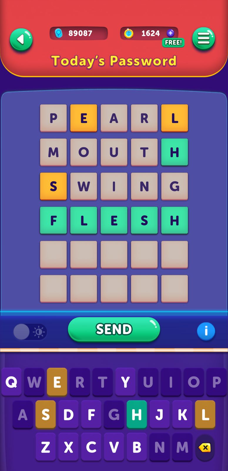 Word puzzle game with highlighted letters.
