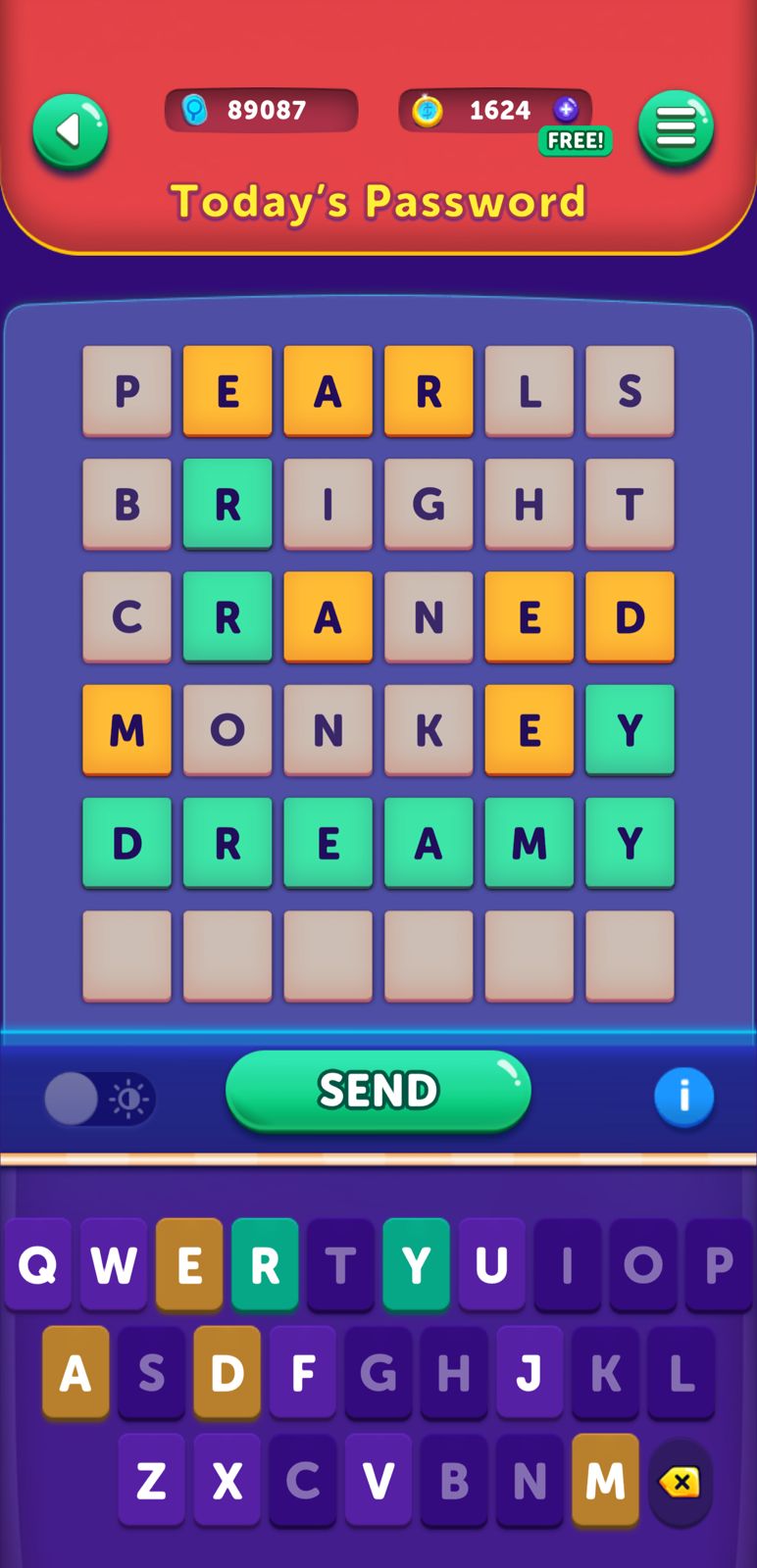 Colorful word puzzle game interface with keyboard.