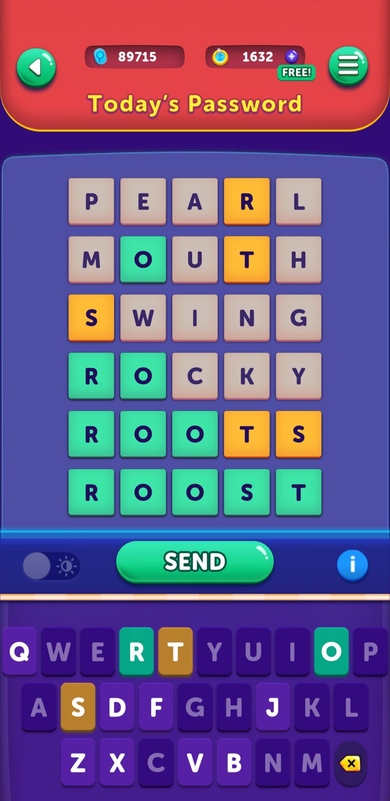 Word puzzle game interface with keyboard layout.