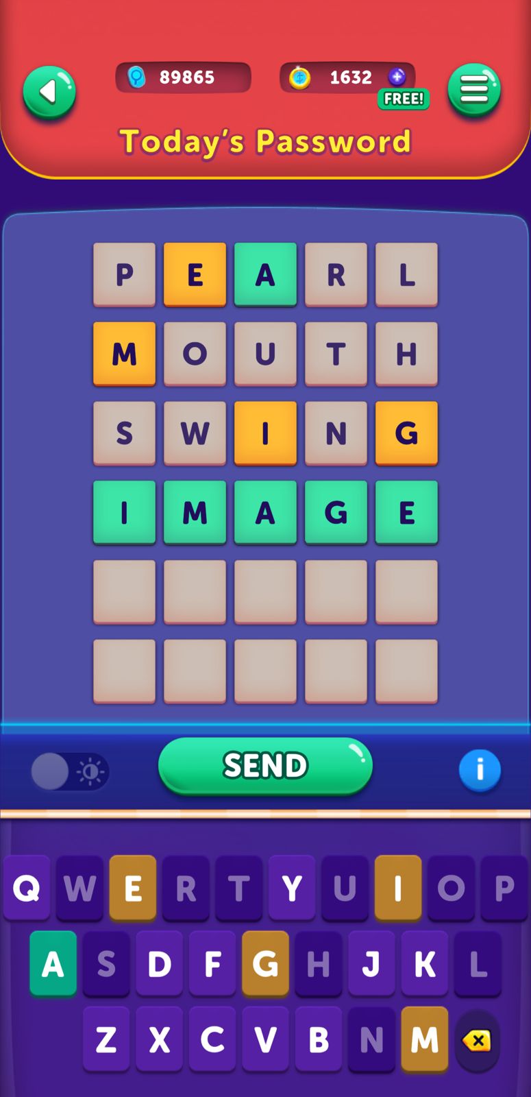 Word puzzle game interface with keyboard and guesses.