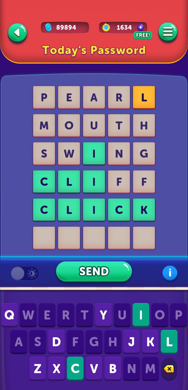 Word puzzle game with letters and keyboard interface.