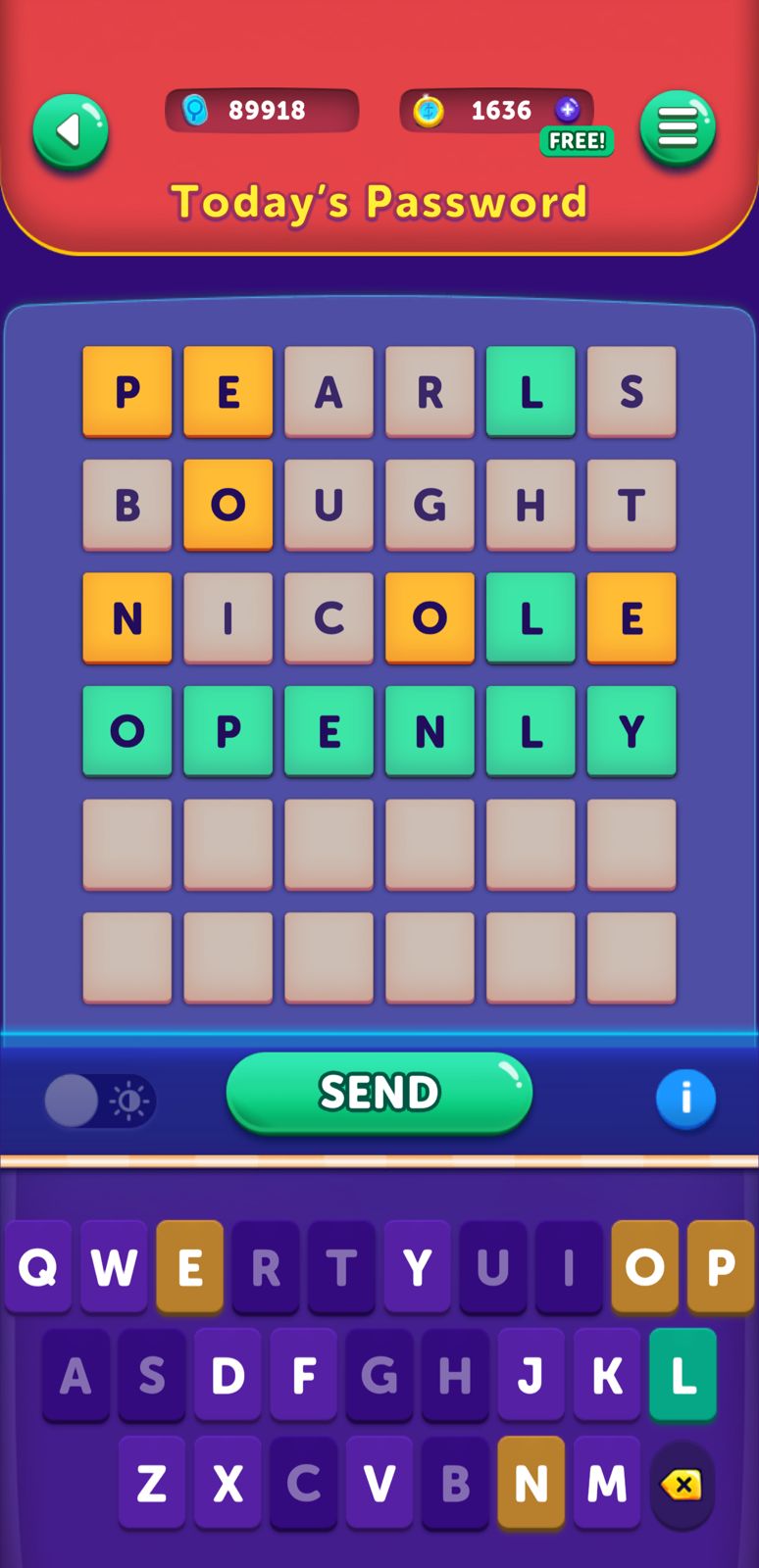 Word puzzle game interface with keyboard and words.