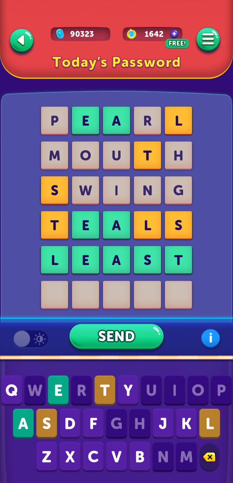 Word puzzle with five words, colorful letters.