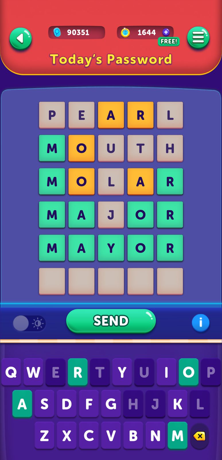 Word puzzle game interface with colorful blocks.