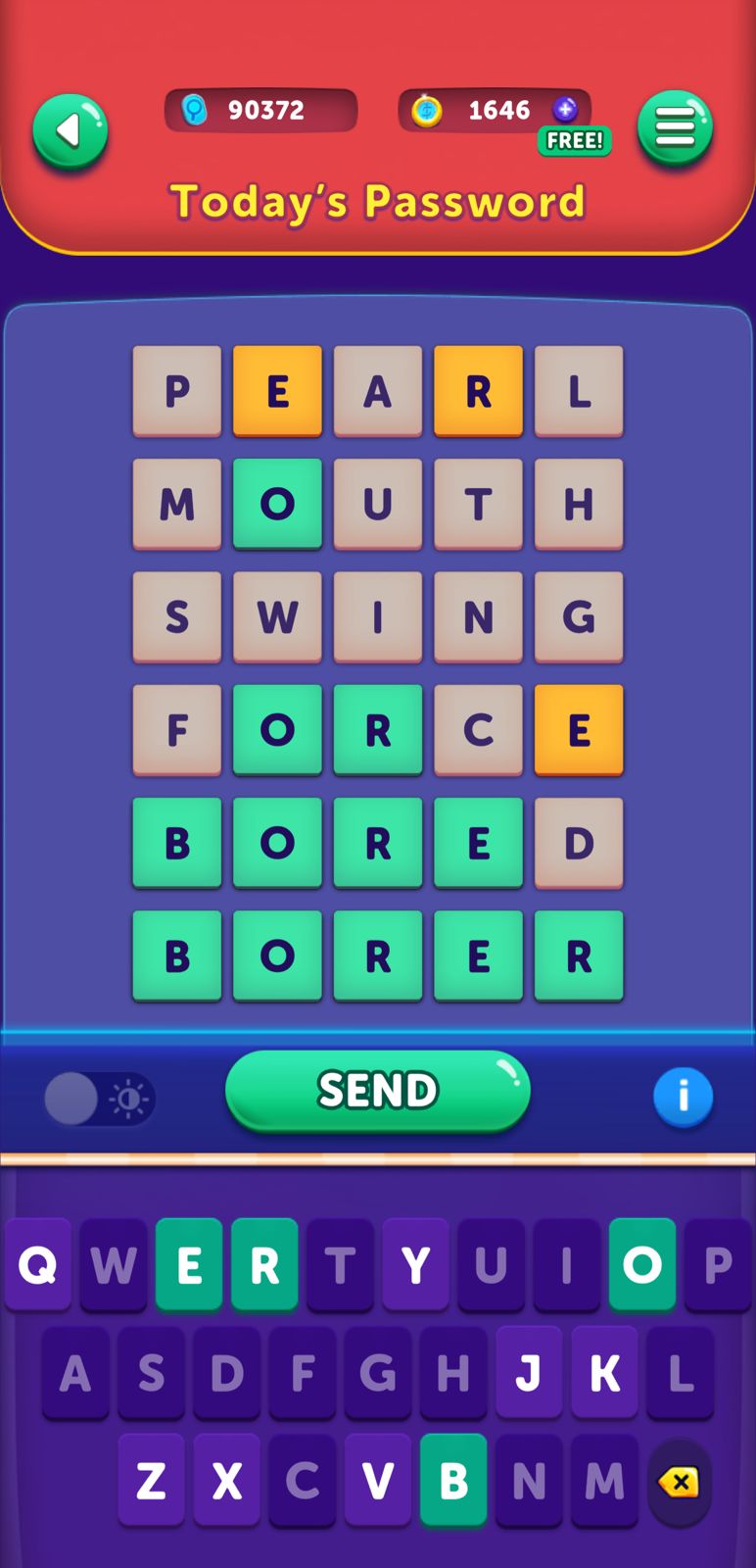 Word puzzle game interface with score display.