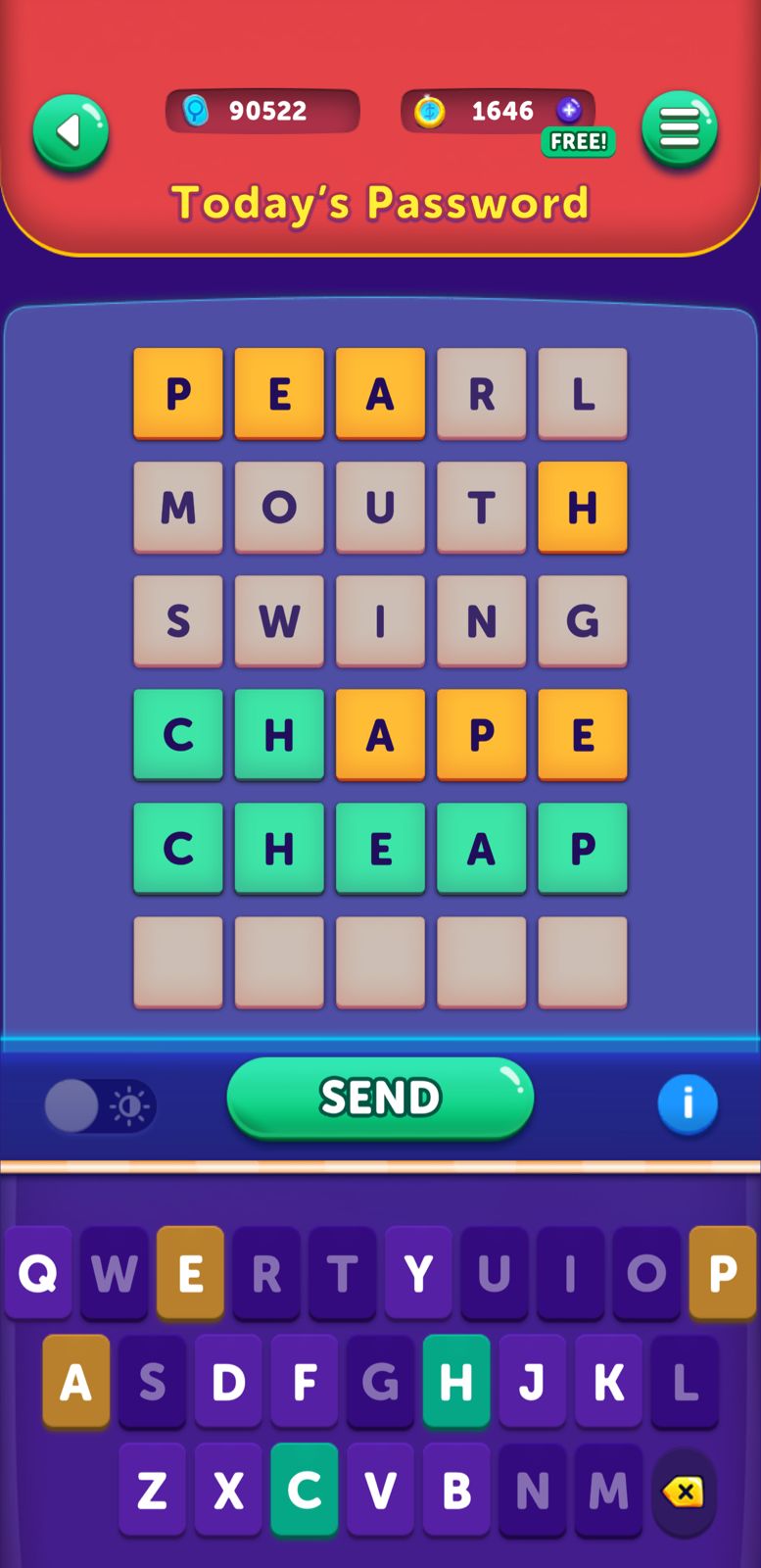 Word puzzle game screen with keyboard input.