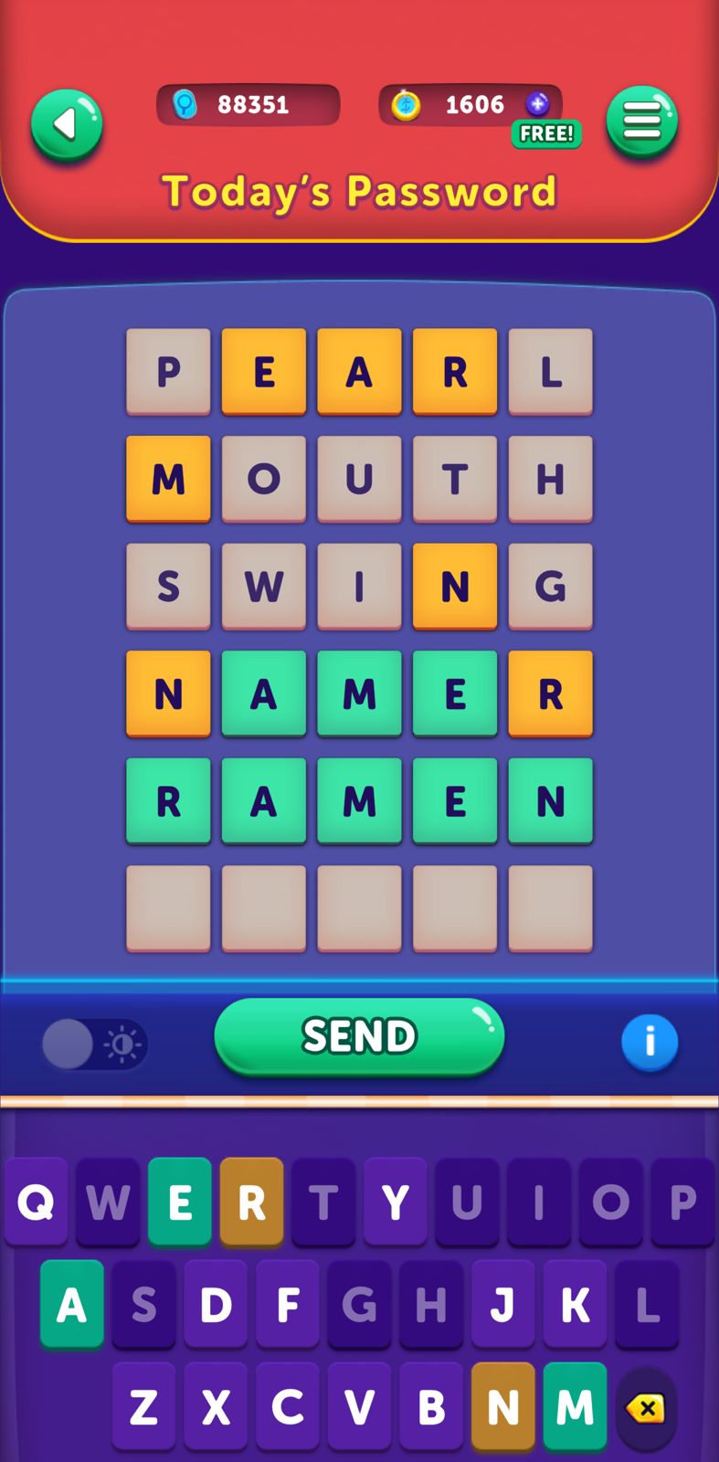 Word puzzle game interface with virtual keyboard.