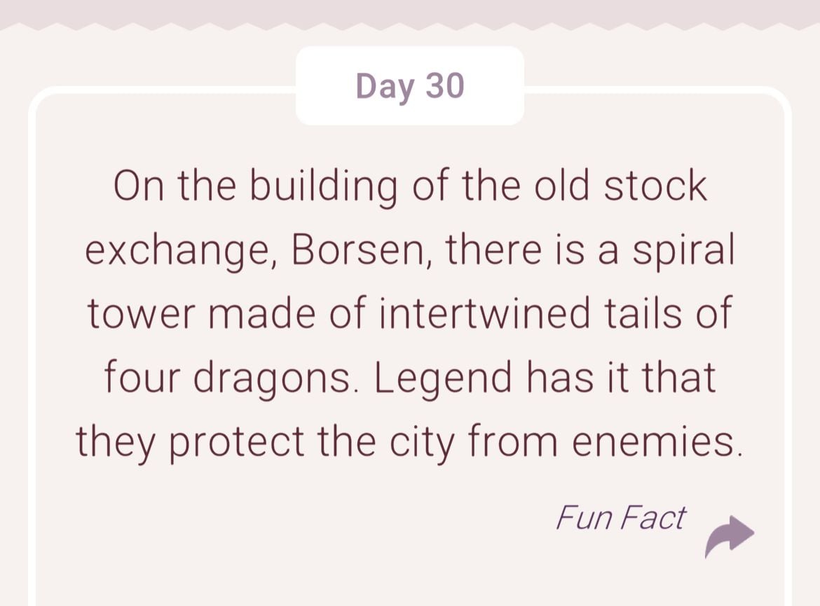 Borsen spiral tower with dragon tails legend.
