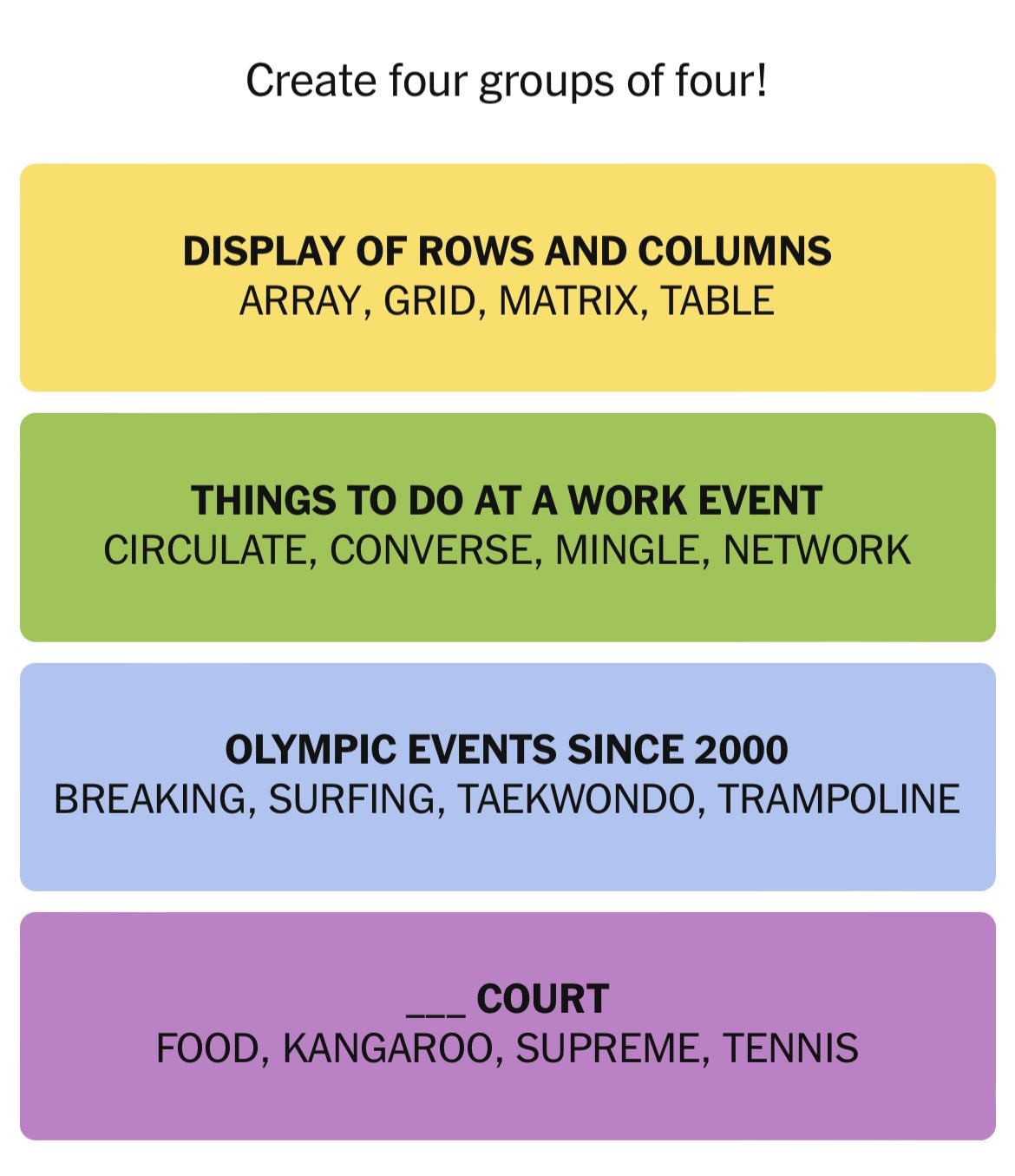 Categories with related words for grouping game.