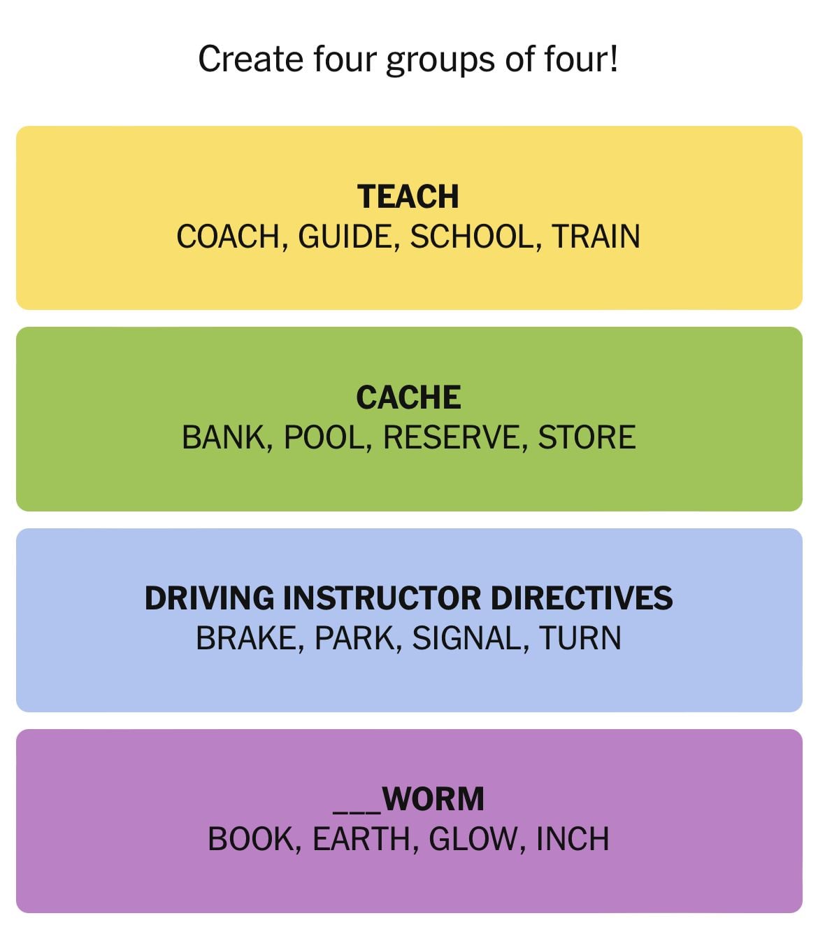 Word grouping puzzle with four categories.