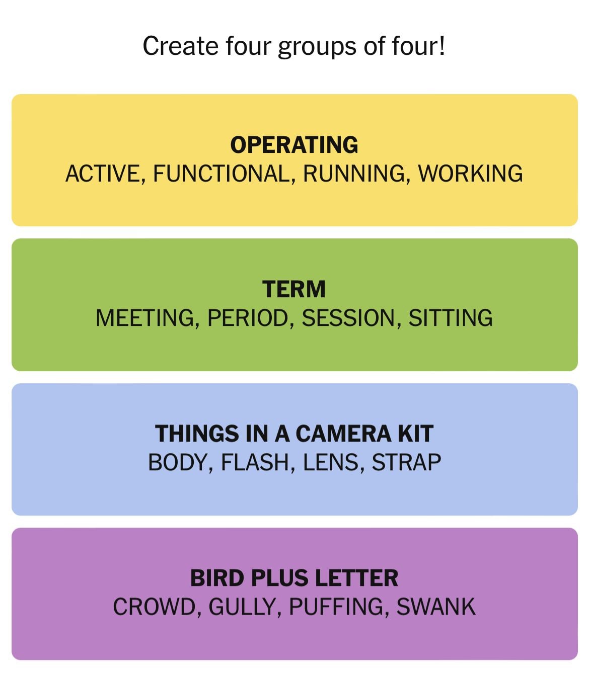 Four word categories and examples in a quiz.