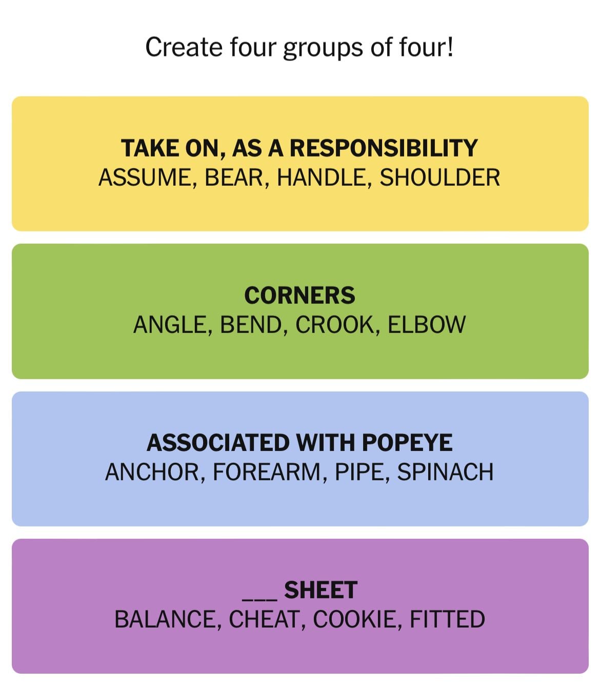 Create word groups for responsibility, corners, Popeye, sheet.