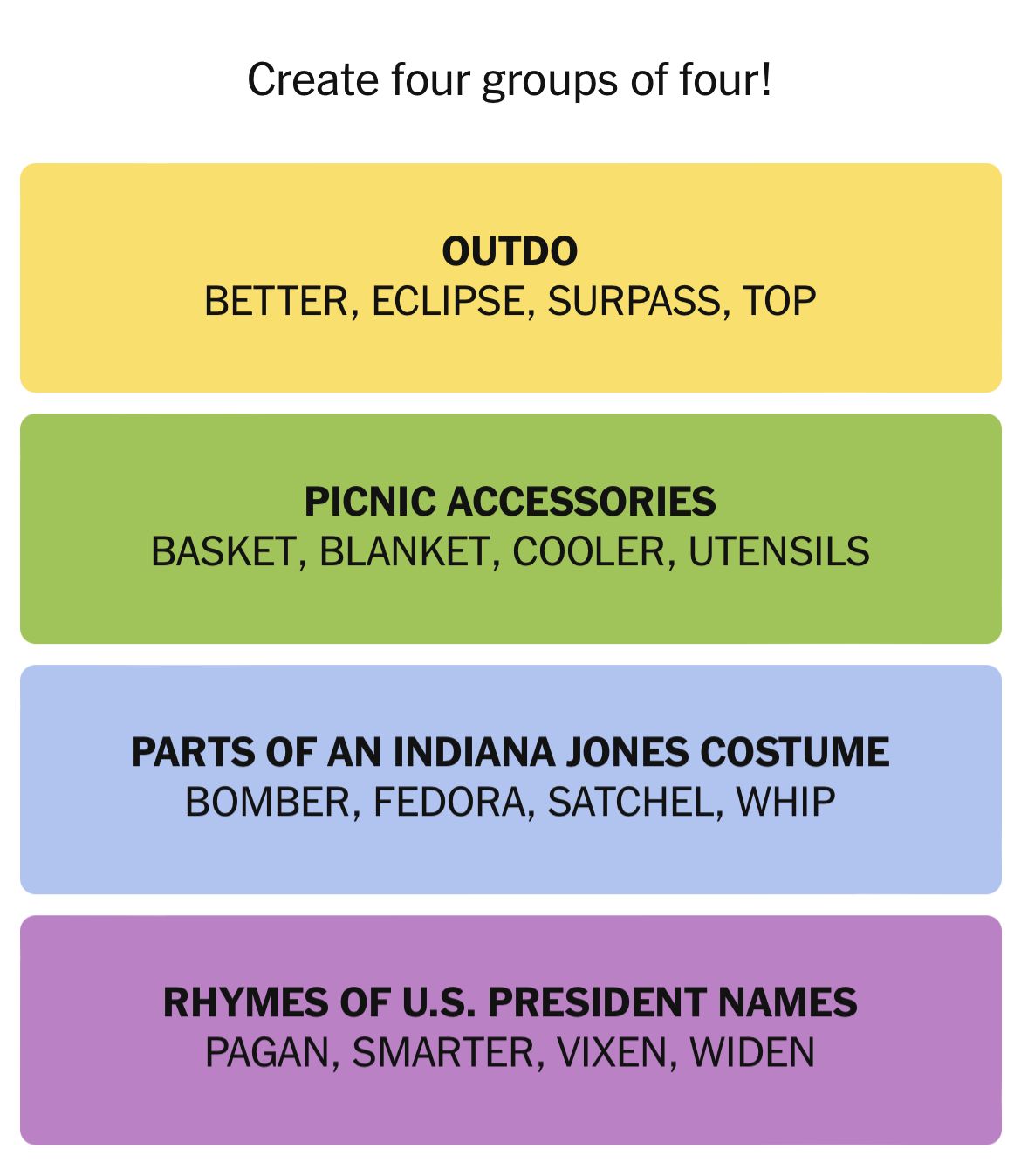 Group words into categories: outdo, picnic, costume, rhymes.
