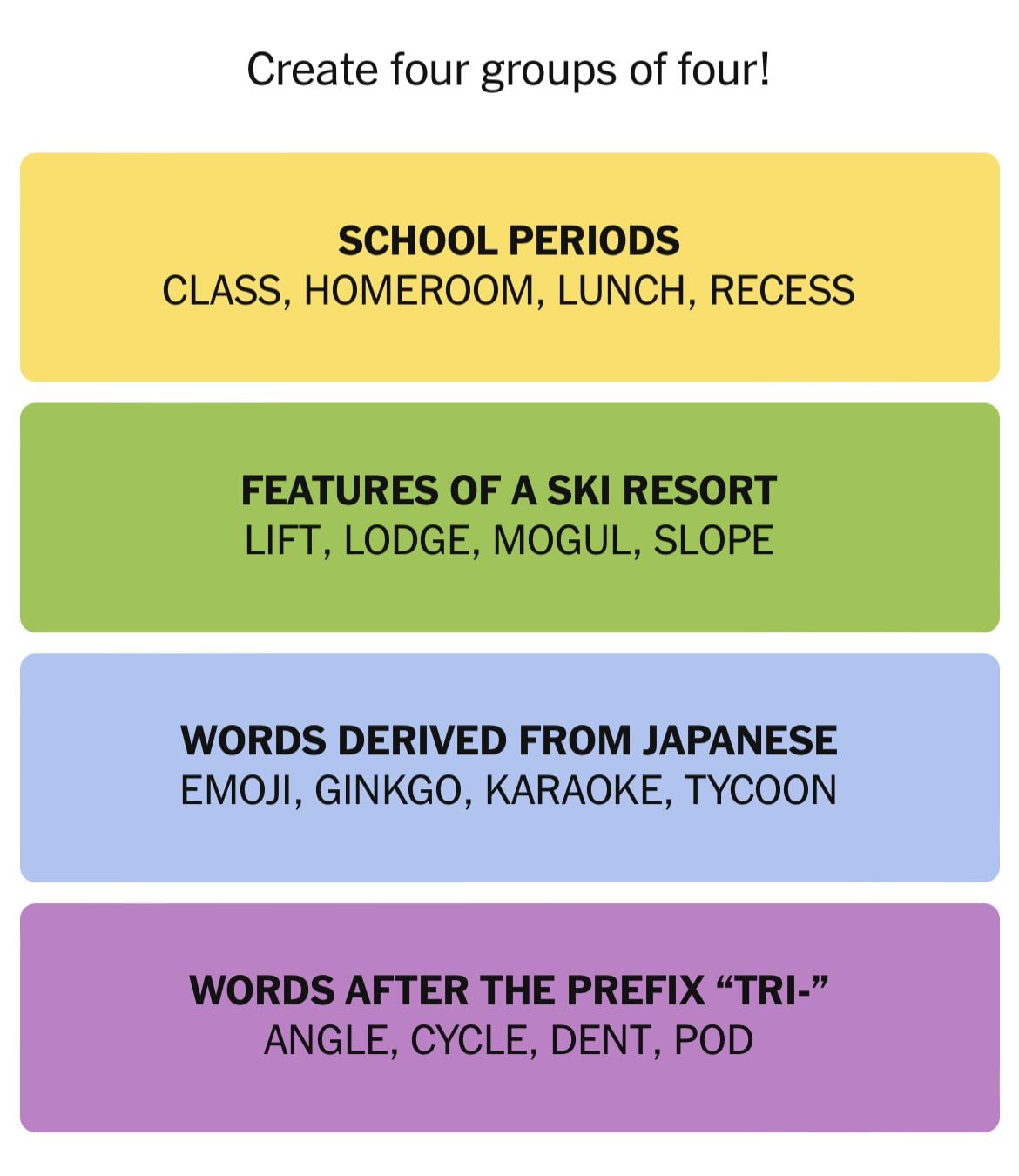 Grouping game: school, ski, Japanese, tri- categories