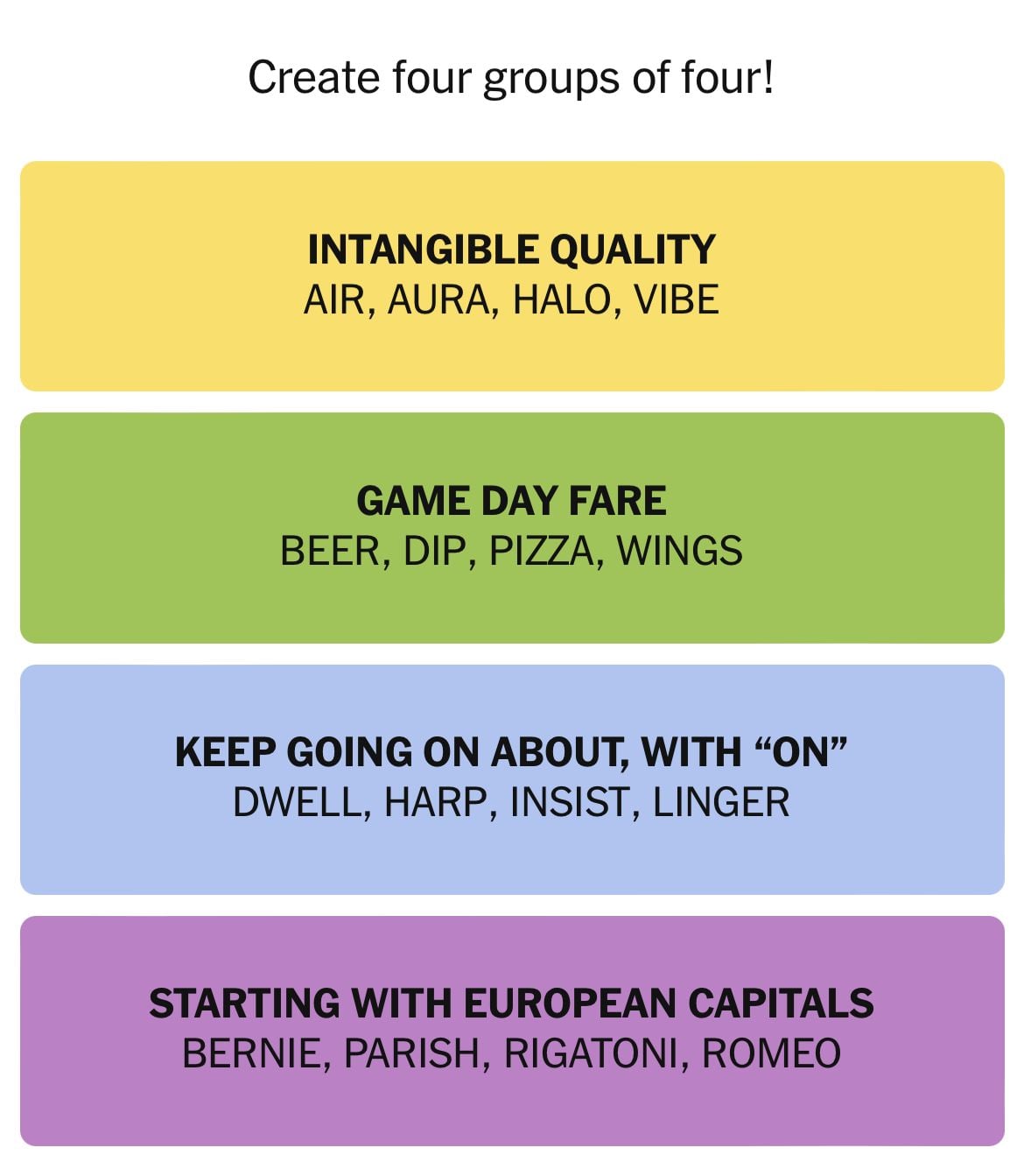 Create four themed word groups from lists.