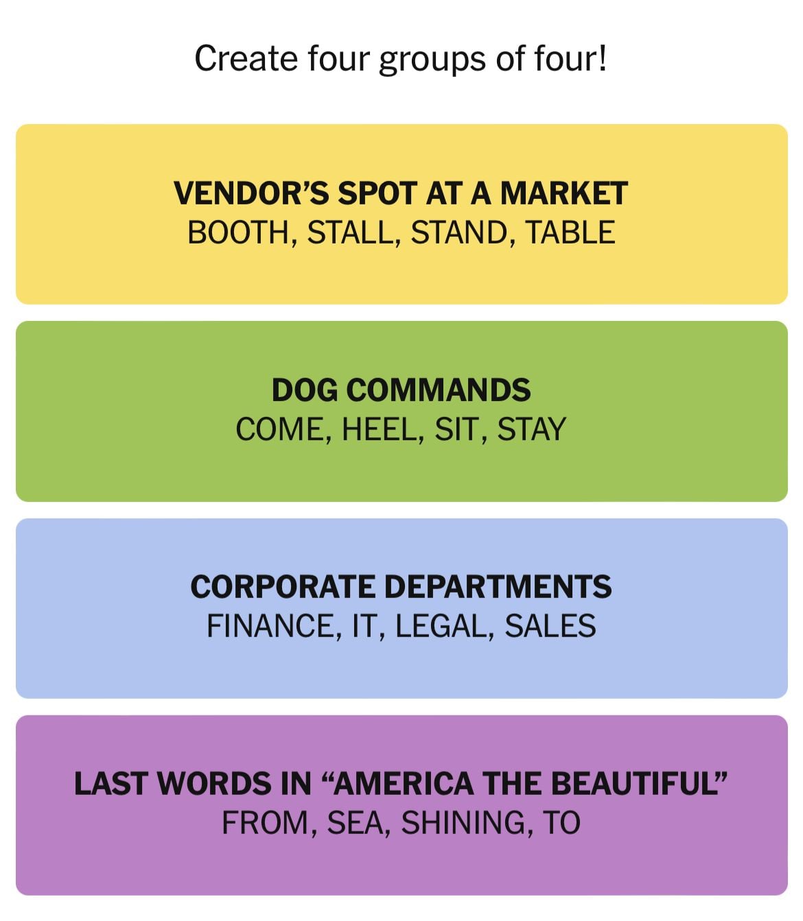 Four groups of related words in categories.