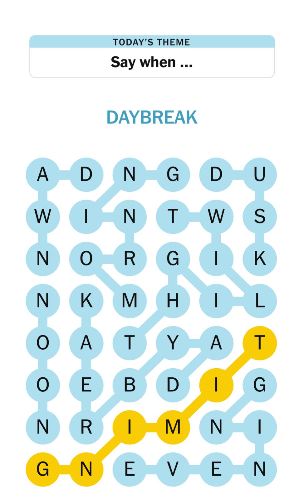 Word puzzle with theme 'Daybreak' highlighted.