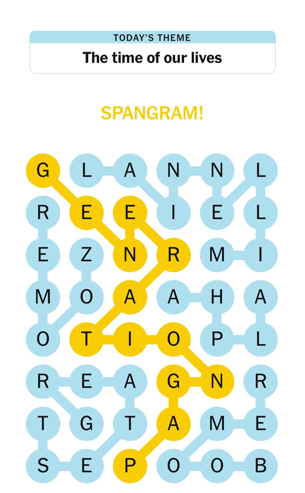 Word puzzle with theme 'The time of our lives'.