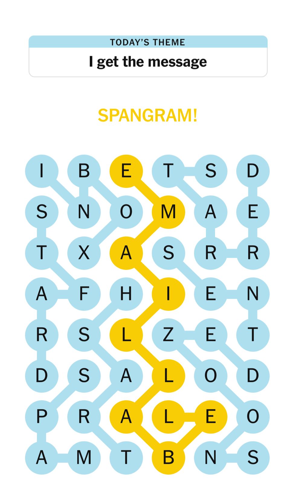 Letter grid puzzle with highlighted solution path.