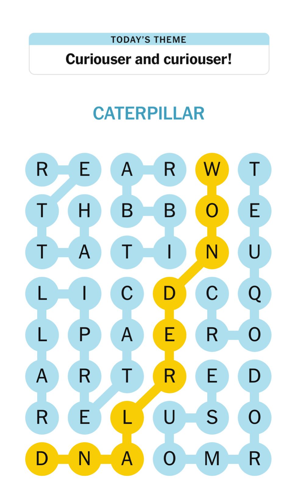 Word search highlighting 'caterpillar' with theme 'curiouser'.