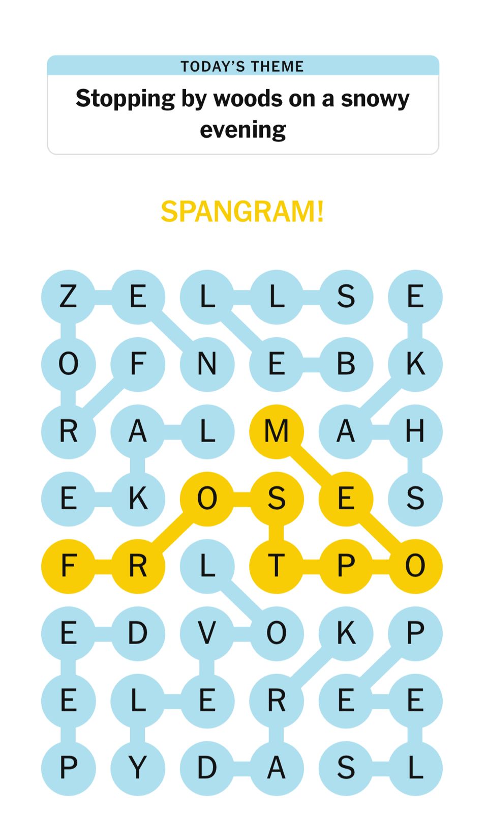 Word puzzle with theme 'snowy evening' and spangram