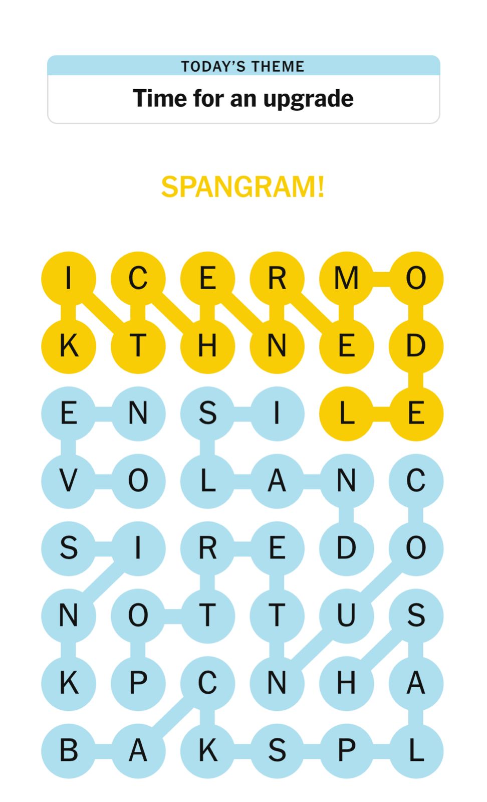 Word puzzle with interconnected letters and theme 'upgrade'.