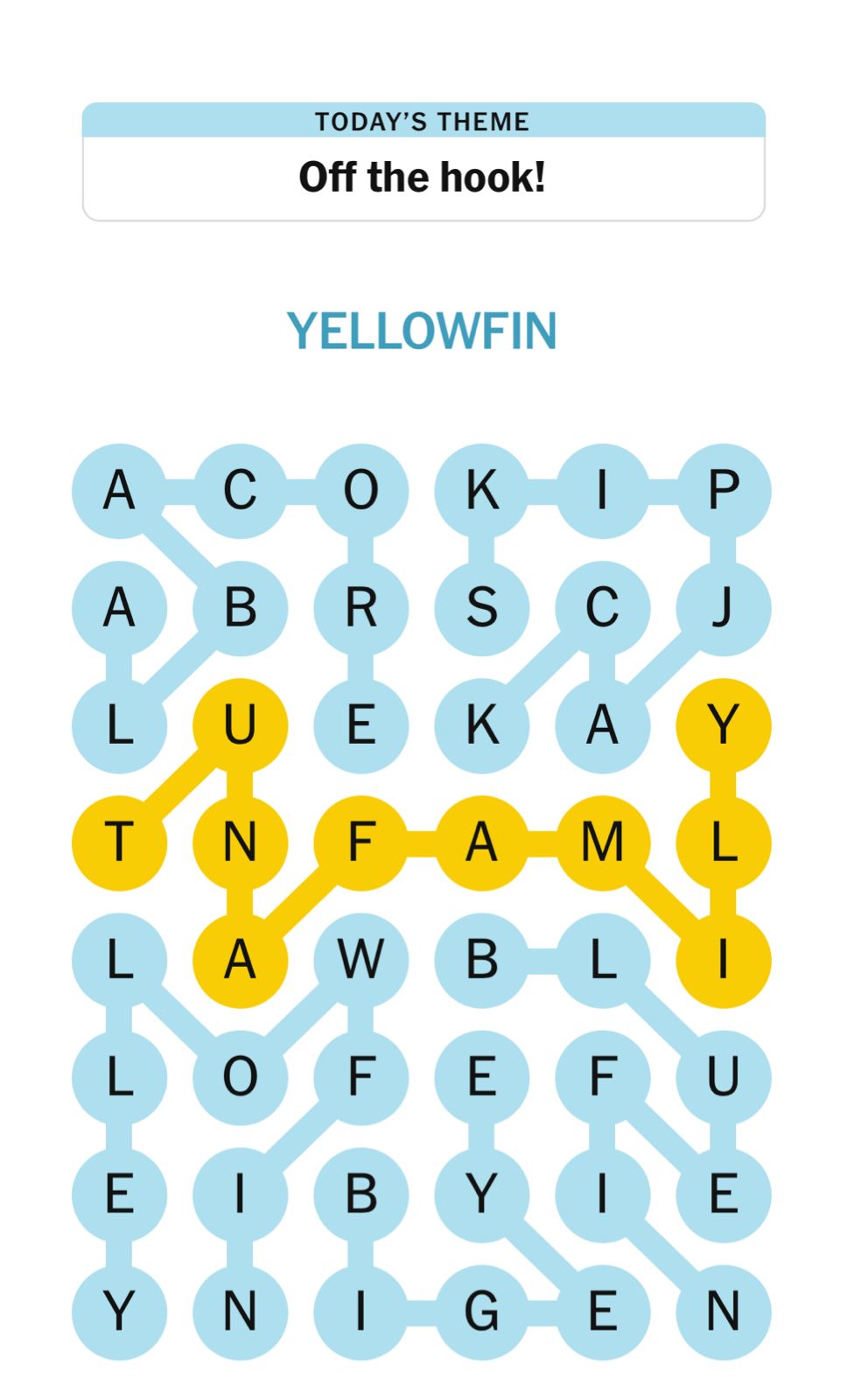 Word search puzzle with theme 'Off the hook!'